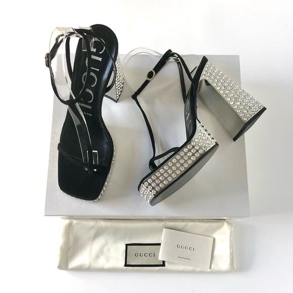 Gucci Rare Naimah Nero Crystal Embellished Platform Strappy Sandals 39 - Picture 2 of 12